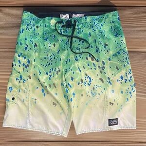 Mens 34 Pelagic Sharkskin Board Shorts Green Blue Fishing Performance Swim